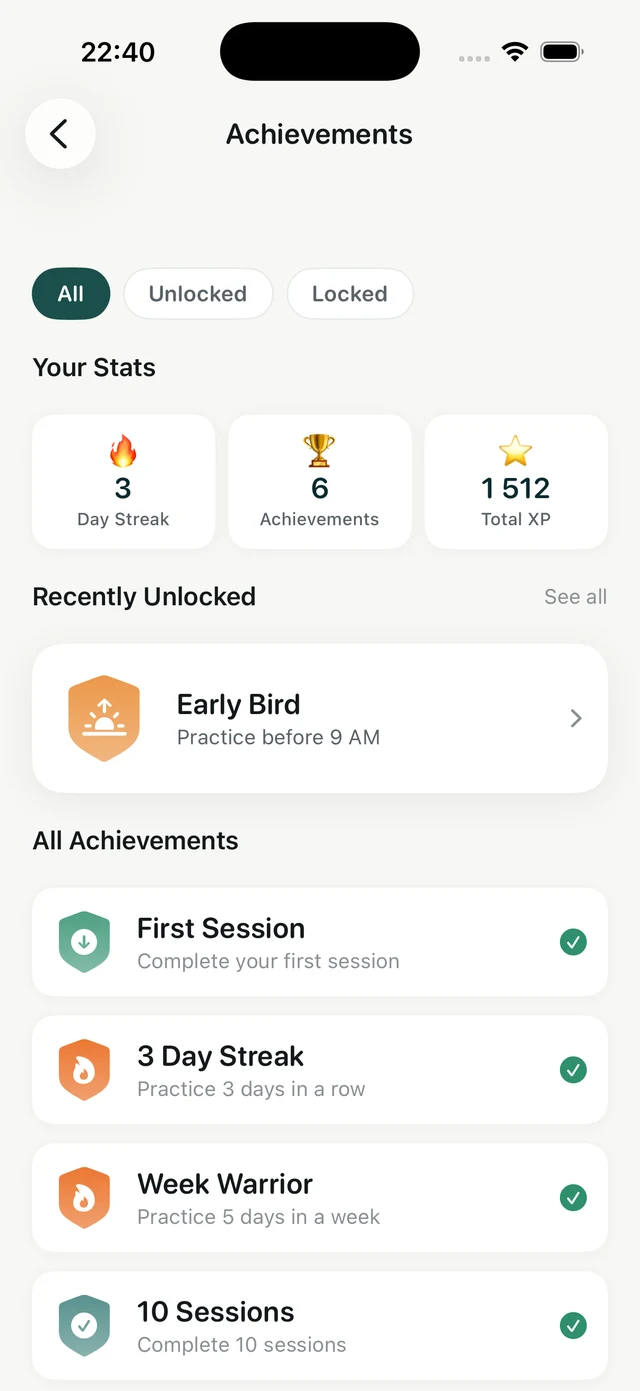 Auris achievements screen with unlocked badges