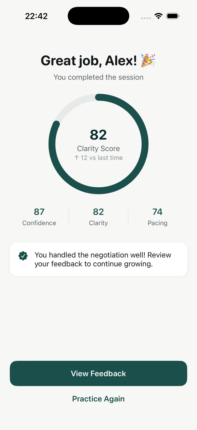 Session complete screen with a Clarity Score of 82